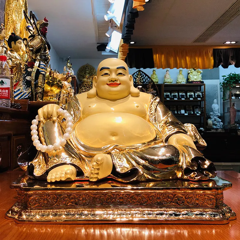 Statua del Buddha Maitreya in rame puro dorato da 42 cm