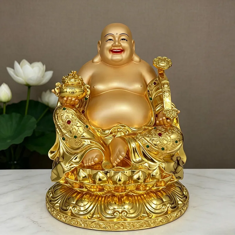 Statua del Buddha che ride in ottone, pancia grande Maitreya per la ricchezza