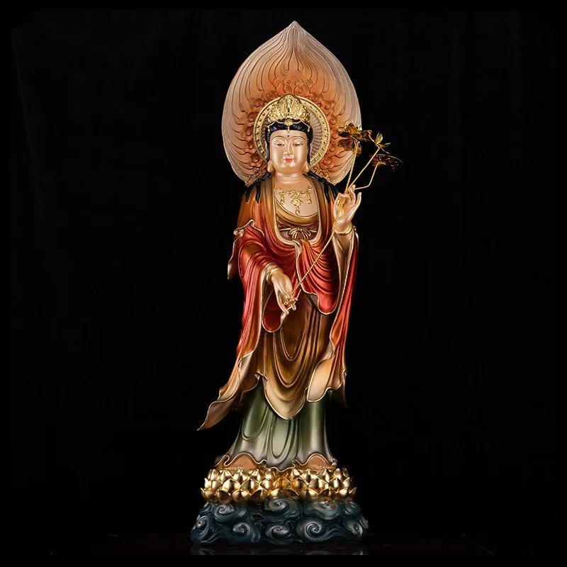 Statua Mahasthamaprapta in ottone con pittura minerale