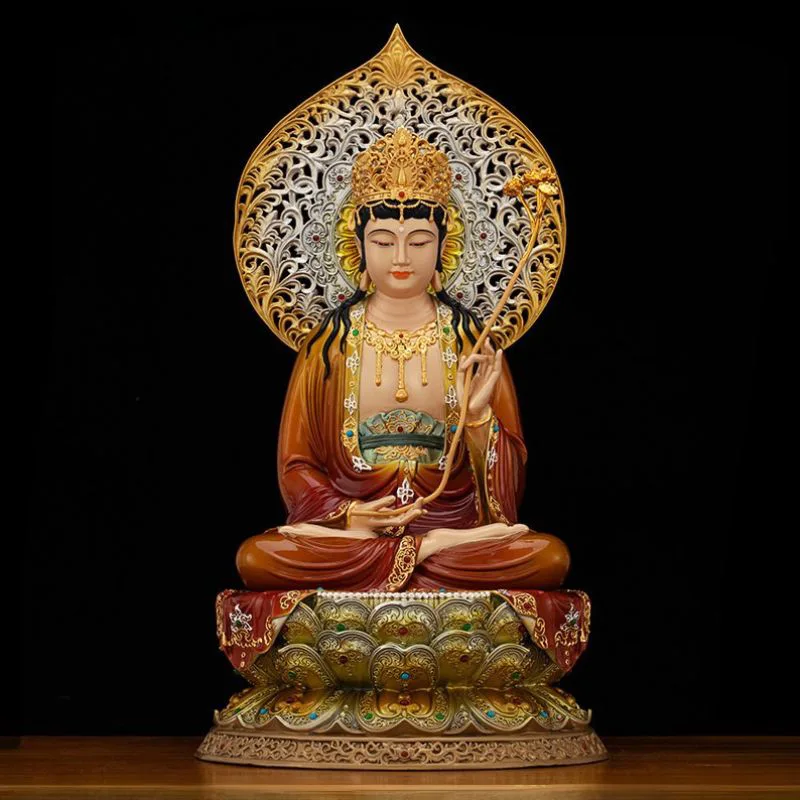 Statua Mahasthamaprapta in ottone gioiello e smalto dorato