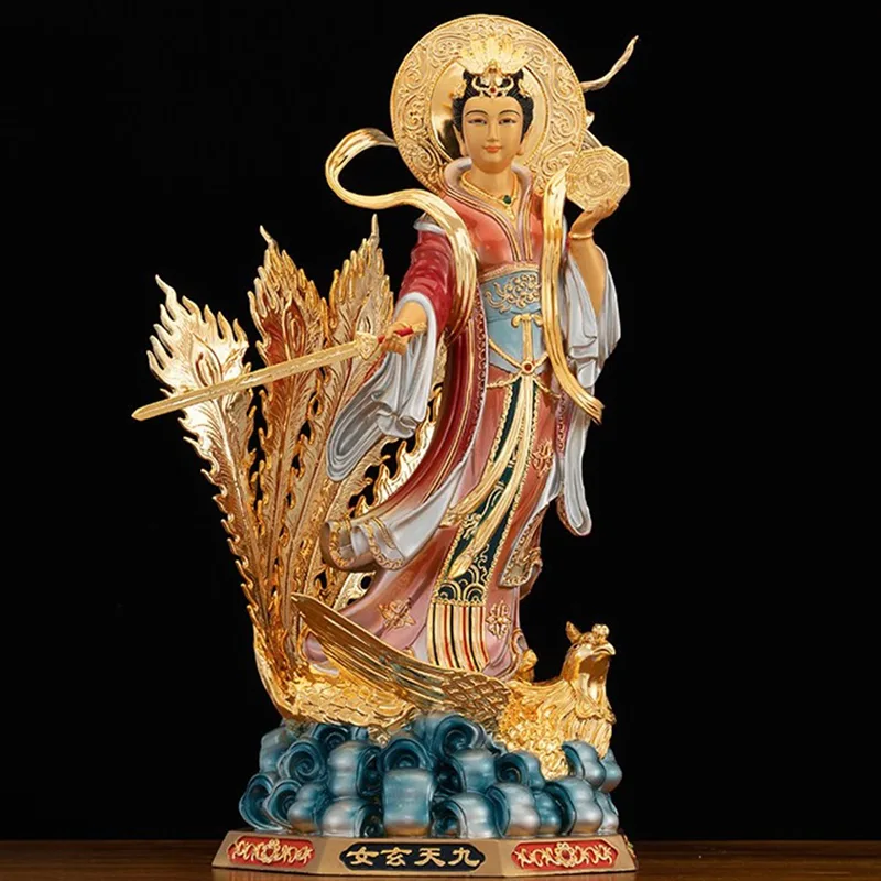Statua Jiutian Xuannu in ottone massiccio verniciato dorato