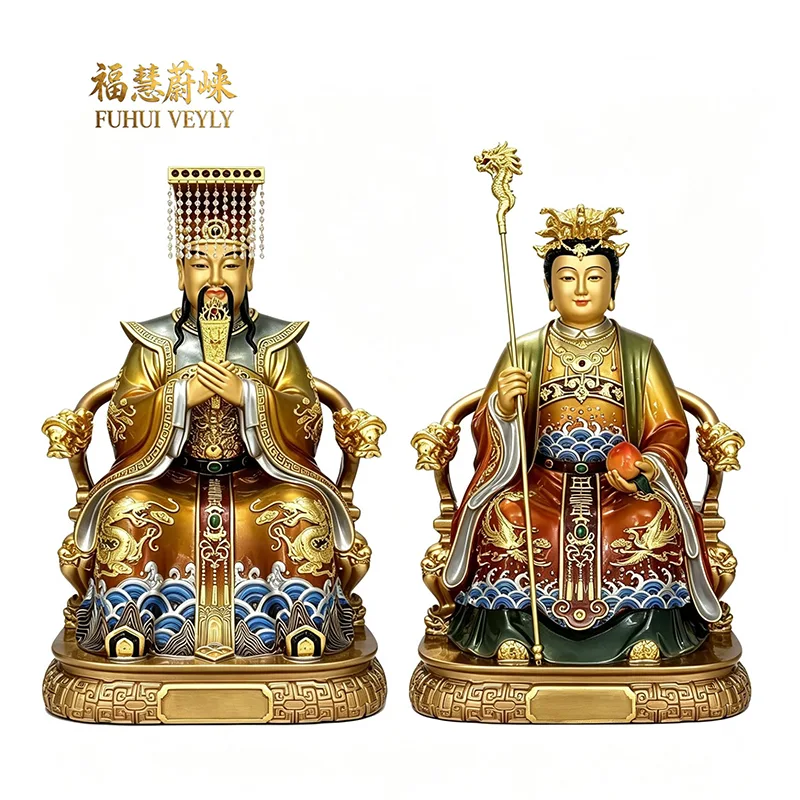 Statua Yuhuang Wangmu in foglia d'oro policroma
