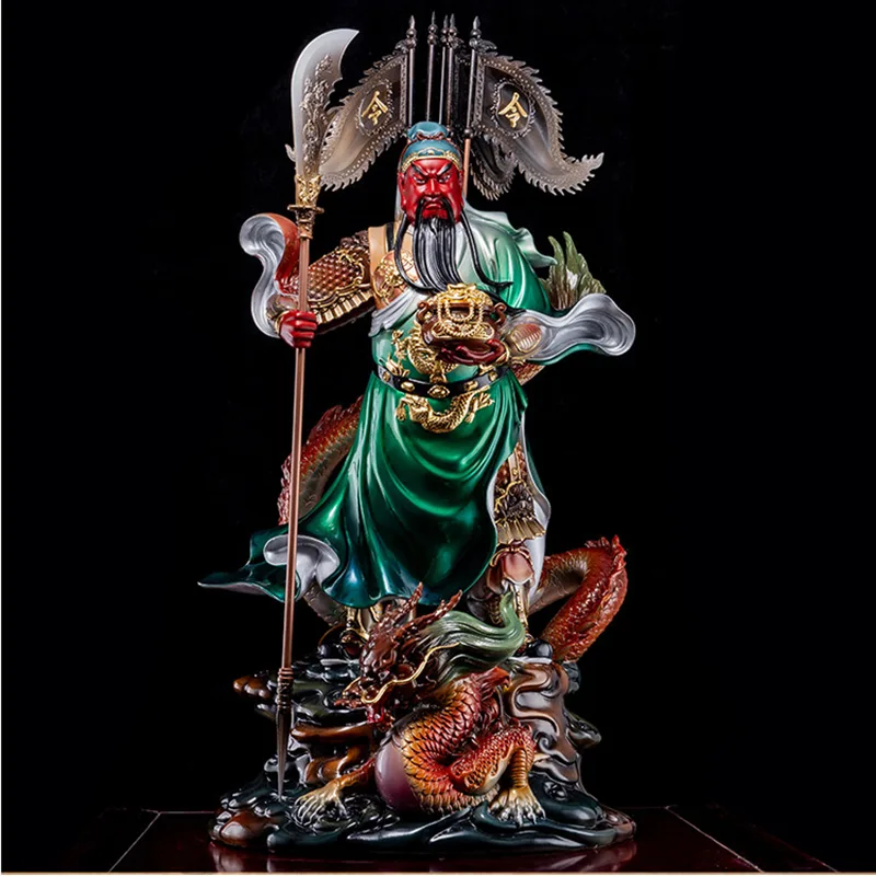Statua della fortuna di Guan Yu in puro ottone che cavalca il drago