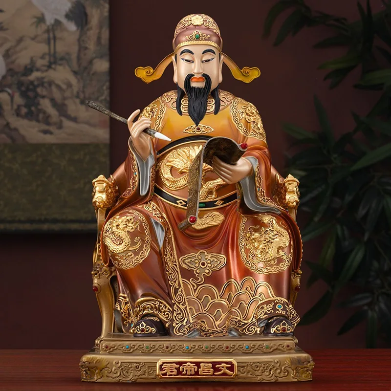 Statua Wenchang dipinta in ottone massiccio intarsiato in oro